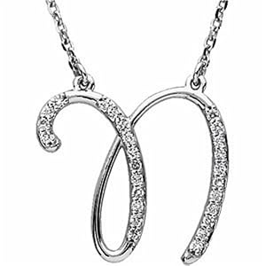 14k White Sparkling N Initial Diamond Necklace
