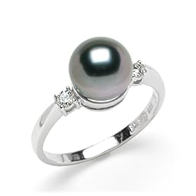 Tahitian Black Pearl Ring with Diamond in 14K White Gold by Maui Divers of Hawaii