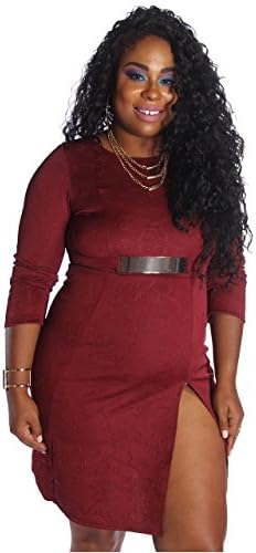 Biatcha Women's Floral Metal Belt Decor Dress 2X Burgundy Plus Size