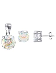 Sterling Silver Round Shape Clear AB Cubic Zirconia Post Back Findings Stud 9mm Earrings and Pendant Jewelry Set