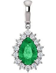 14K White Gold 9.00x6.00mm Pear Cut Chatham Created Emerald and Diamond Pendant -- LIFETIME WARRANTY