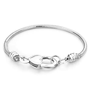 Pugster Mothers Day Gifts 8.3 Inch Heart Lock Snake Bracelet for Fit Pandora, Biagi and Chamilia Style Beads Charms - Silver Tone Metal