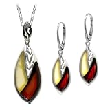 Lemon and Cherry Amber and Sterling Silver Modern Leaf Leverback Earrings Pendant Rolo Chain 18" 46cm