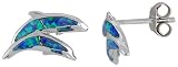 Sterling Silver, Synthetic Opal Double Dolphin Stud Earrings, 5/8 (15 mm) long.