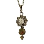 Watch Necklace 03 Unakite Green Pink Flower Antiqued Brass Stone 21
