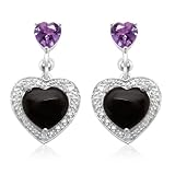 10k White Gold Heart-Shaped Onyx w  Diamonds Heart Earrings