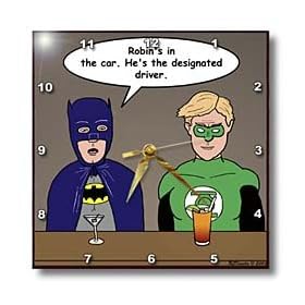 Rich Diesslins Funny General Cartoons - Super Hero Parody with Batman and Green Lantern at the bar - Wall Clocks