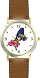 Blue Butterfly on Hot Pink Flower - Butterfly Animal - WATCHBUDDY&reg; DELUXE TWO-TONE THEME WATCH - Arabic Numbers - Brown Leather Strap-Size-Women's Size-Small