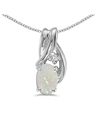 14k White Gold Oval Opal And Diamond Pendant with 18" Chain