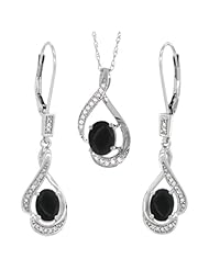 14K White Gold Natural Black Onyx Lever Back Earrings & Pendant Set Diamond Accent