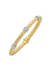 .925 Sterling Silver Basketweave with Diamond Accents Yellow Gold Bangle Bracelet 7 1/4"