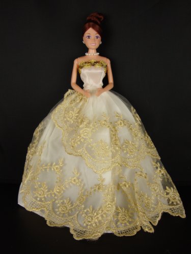 White Ball Gown with Amazing Gold Lace Made to Fit the Barbie Doll