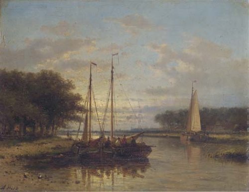 Hand Made Oil Reproduction - Abraham Hulk Snr - 32 x 24 inches - Sailing Vessels On A Calm River ...