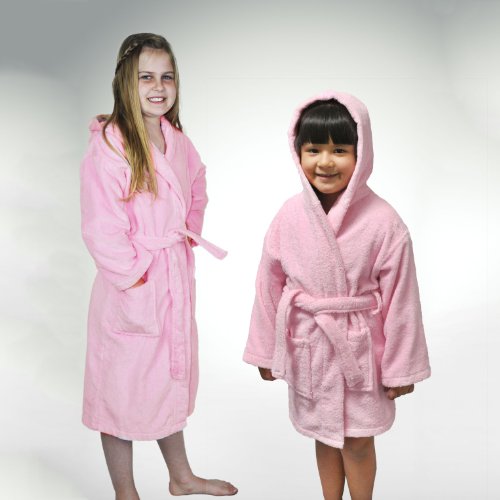 Girls and Boys Kids Hooded Terry Velour Turkish Robe Bathrobe 100% Cotton, Pink, Large, Age: 7-11