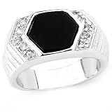Perfect Solid Sterling Silver Cubic Zirconia & Onyx Rhodium Plated Men's Ring