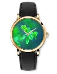 SPRAWL Aanalog Fashion Series Gold Ladies Watches of Genuine Black Leather Strap,Unique Wrist Watch for Women Girls Designed with green leaves
