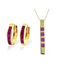 14k Yellow Gold Jewelry Set: Natural Ruby Pendant Necklace and Huggie Hoop Earrings