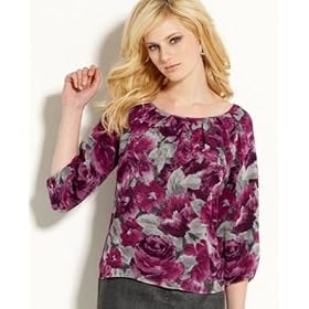 AK Anne Klein Floral Pleated-Neckline Silk Top