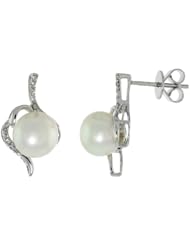 18k White Gold Pearl & Diamond Swirl Stud Earrings, w/ .089 Carat Brilliant Cut Diamonds & 8mm White Pearls, 3/4" (19mm) tall
