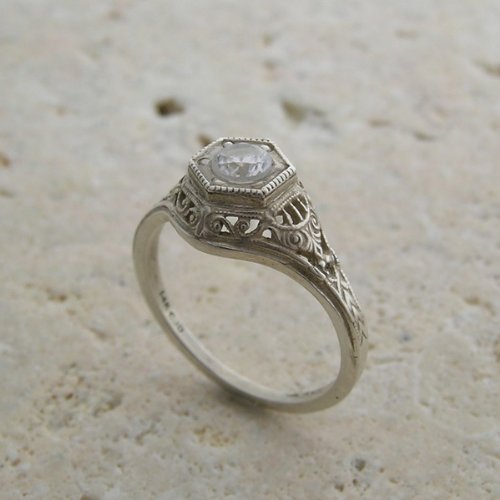 14K White Gold Art Deco Style CZ Engagement Ring or Ring Setting