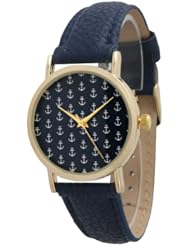 Womens Geneva Multi Anchor Design Gold Trim Leather Watch - Navy