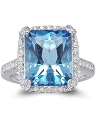 0.40 Cts Diamond & 6.90 Cts Swiss Blue Topaz Ring in 14K White Gold