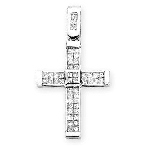 14K White Gold 1 ct. Diamond Cross Pendant with Chain