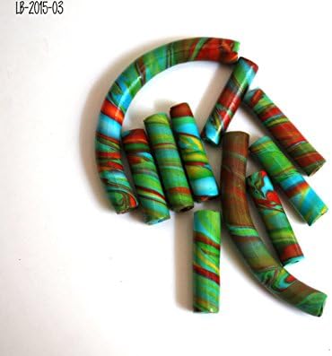 10 Teal and Yellow Polymer Clay Beads Handmade Striped Tubes