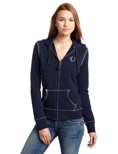 True Religion Women's Big T Sparkle Hoodie, Dark Navy, X-Small