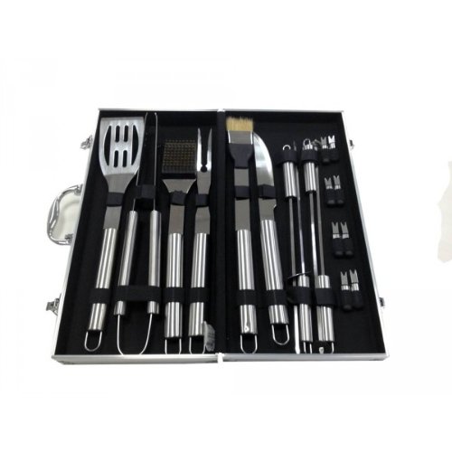 Storaddict - Coffret Ustensiles pour service barbecue BBQ grillade en acier inoxydable - 18 pièces avec mallette en aluminium