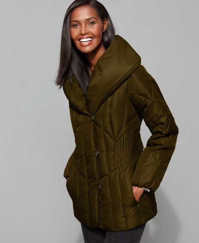 Larry Levine Coat, Long Sleeve Down with Pillow Collar Mocha 