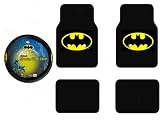 Batman Auto Accessories Interior Kit - Front & Rear Carpet Floor Mats, Steering Wheel Cover