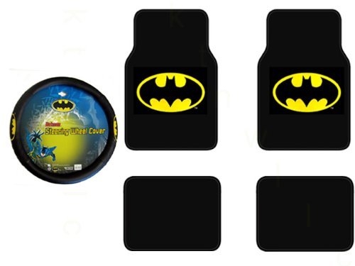  Batman Auto Accessories Interior Kit - Front & Rear Carpet Floor Mats, Steering Wheel Cover