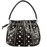 Roccobarocco Piccadilly - Black Studded Leather Drawstring Hobo Bag