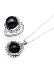 Sterling Silver Pearls and 3 CTW Cubic Zirconias Ladies Jewelry Set. Ring Size 9. Length 18 in. Total Item weight 5.7 g.