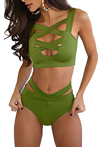 Prograce Hipsters Strappy Cross Bandage Swimsuit Sets Workout Crop Top Green L