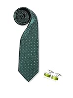 SILVIO SILVANI Pack Corbata Verde Oscuro Con Topos Verdes + Gemelos Con Piedra Verde