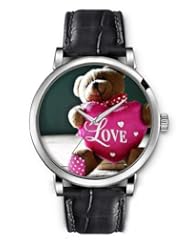 SPRAWL Aanalog Fashion Series Silver Ladies Watches of Genuine Black Leather Strap,Unique Wrist Watch for Women Girls Designed with cute teddy