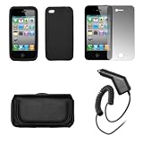 Apple iPhone 4 / iPhone 4G Premium Black Leather Carrying Pouch+Black Silicone Skin Soft Case Cover+Premuim LCD Screen Protetor+Premium Rapid Car Charger Combo For Apple iPhone 4 / iPhone 4G