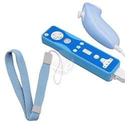 Wrist Strap + Soft Silicone Skin Case Cover for Nintendo Wii Remote Control / Controller & Nunchuk - Blue