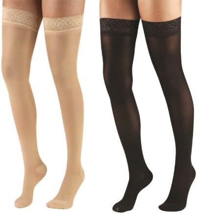 Terramed Graduated Compression Thigh Highs 20-30 mmHg (Sheer with Lace Top and Strong Silicone Band) Pack of 2 Pairs (Beige and Black) (Medium)