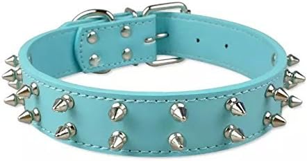 Rachel Pet Products 2 Rows Sharp Silver Rivets Studded PU Leather Adjustable Dog Collars, Blue, M