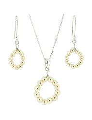 TOC 925 Silver Synthetic Pearl Circle Ring Drop Earrings and Pendant Gift Set