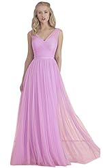 V-neck Floor Length Pleated Tulle Bridesmaid Dress 