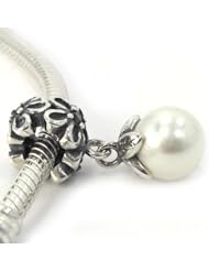.925 Sterling Silver " White Pearl Seashell Dangle w/ Flowers W/onyx Centers " Charm Bead Compatible with Pandora Chamilia Kay Troll Bracelet