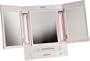 Jerdon JGL9W Tabletop Tri-Fold Two-Sided Lighted Makeup Mirror with 5x Magnification and 4-Light Settings, White Finish