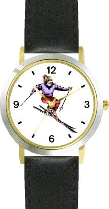 Woman Downhill Alpine Skier No.1 Snow Skiing - WATCHBUDDY® DELUXE TWO-TONE THEME WATCH - Arabic Numbers - Black Leather Strap-Size-Large ( Men