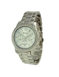 Geneva Womens Designer Inspired Chronograph Style Rhinestone Bezel Watch in Silver Tone
