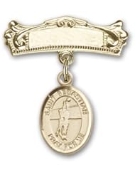 14K Gold Baby Badge with St. Sebastian Volleyball Charm and Arched Polished Badge Pin