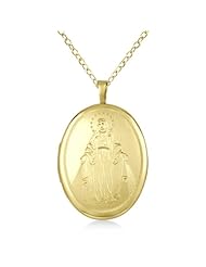 Oval Shaped Locket With Virgin Mary Engraving Pendant Necklace For Women 14K Yellow Gold Vermeil